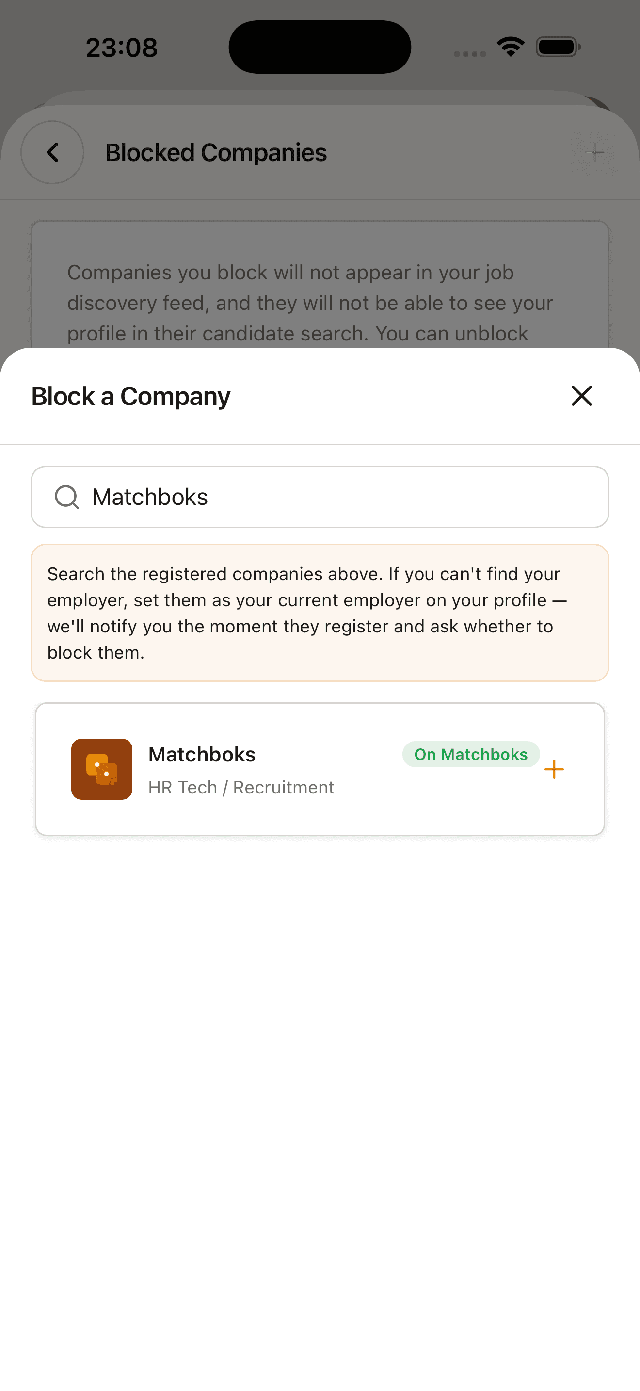 Privatlivsinnstilling i Matchboks-appen som lar deg blokkere arbeidsgiveren din