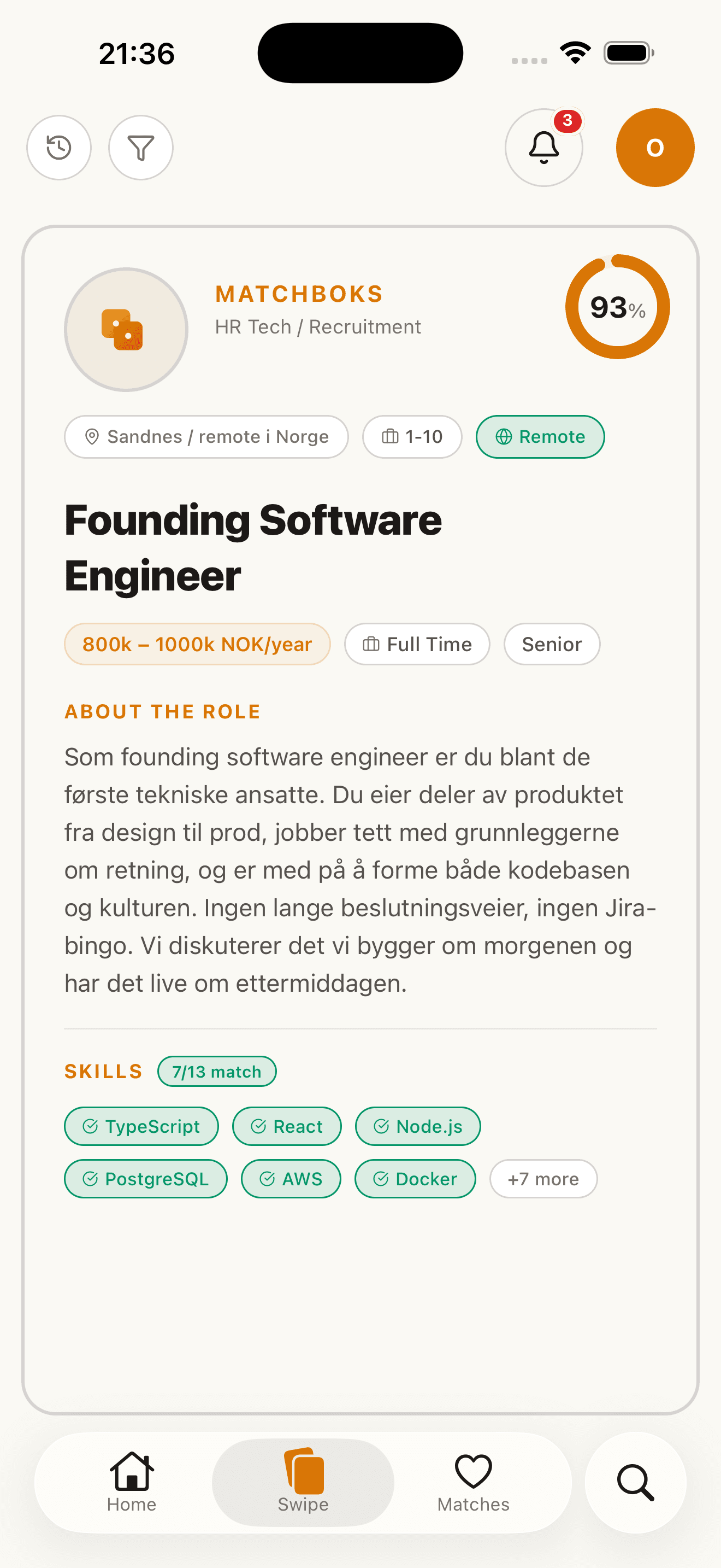 Matchboks-appen viser jobbmatcher med score og forklaring